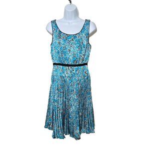 Ann Taylor Dress 2 Blue Paisley Pleated Drop Waist Sleeveless Black Trim Classic